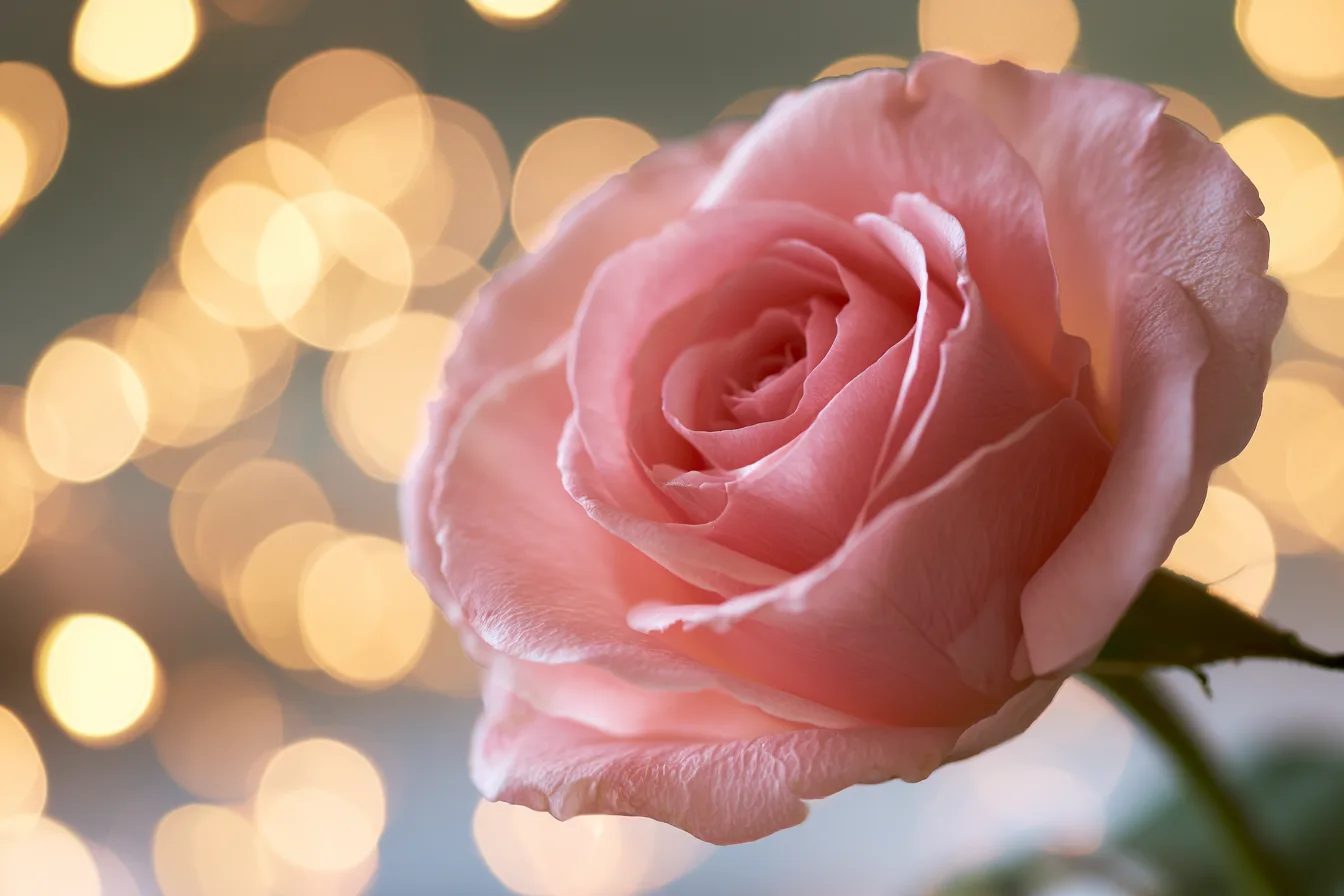 a single pink rose captured in macro, bokeh background of soft golden orbs from scattered fairy lights, incredibly shallow depth of field, creamy out-of-focus rendering, shot with a fast 85mm lens