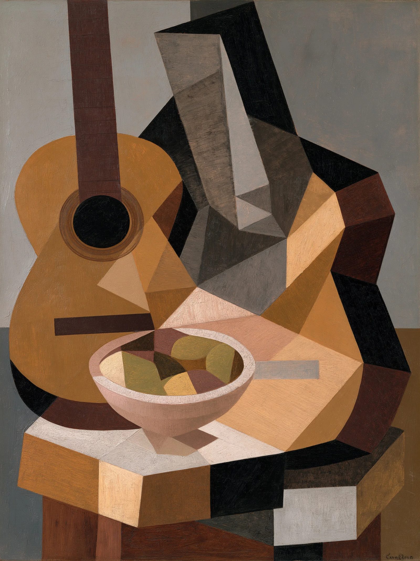 Prompt: Cubist aesthetic applied to a still life of a guitar and a bowl of fruit. The objects are fragmented into flat, interlocking geometric planes and faceted angles, showing multiple perspectives at once. The color palette is restricted to earthy tones of ochre, burnt sienna, and charcoal, emphasizing form over depth. --ar 4:3