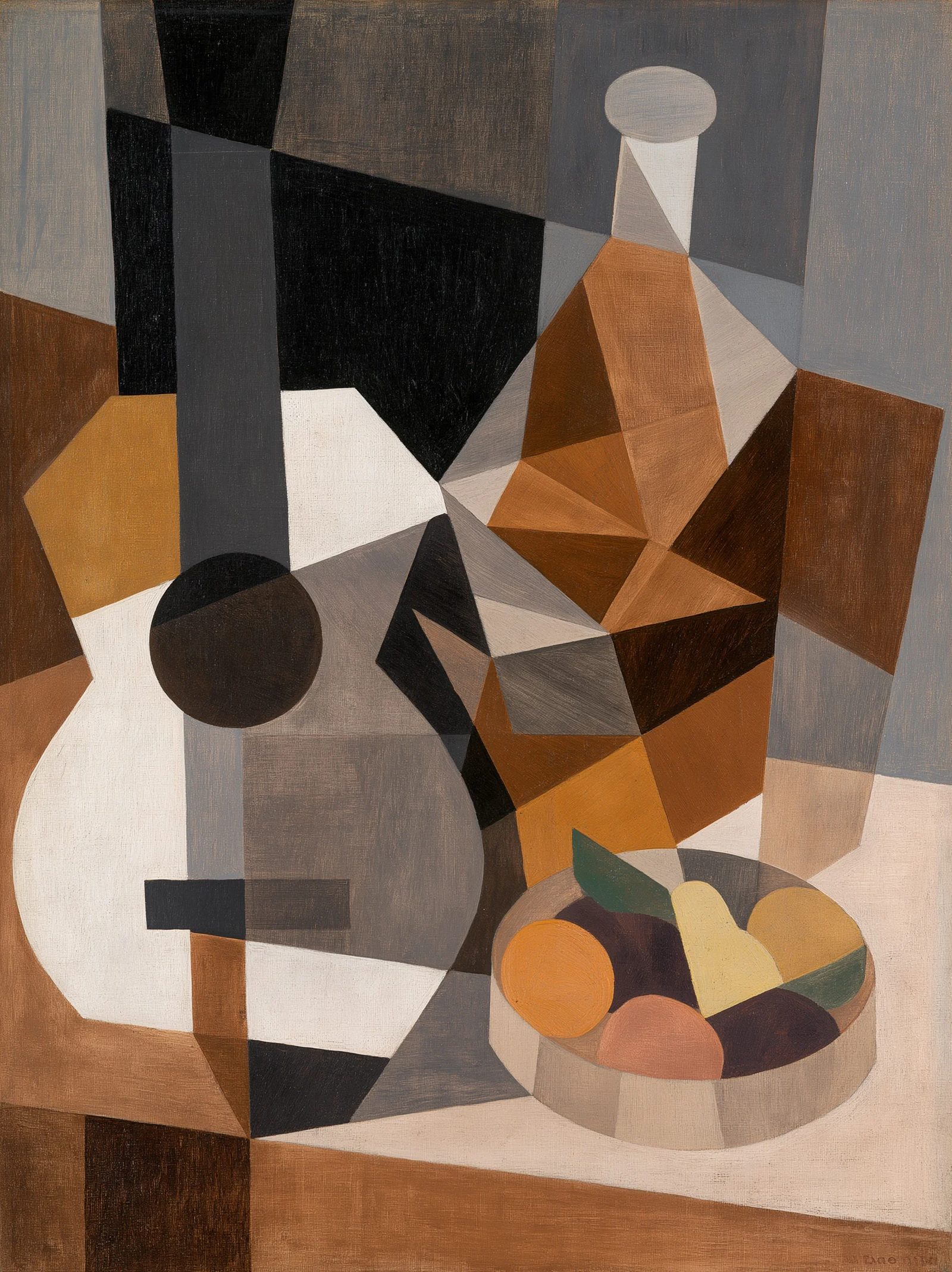 Prompt: Cubist aesthetic applied to a still life of a guitar and a bowl of fruit. The objects are fragmented into flat, interlocking geometric planes and faceted angles, showing multiple perspectives at once. The color palette is restricted to earthy tones of ochre, burnt sienna, and charcoal, emphasizing form over depth. --ar 4:3