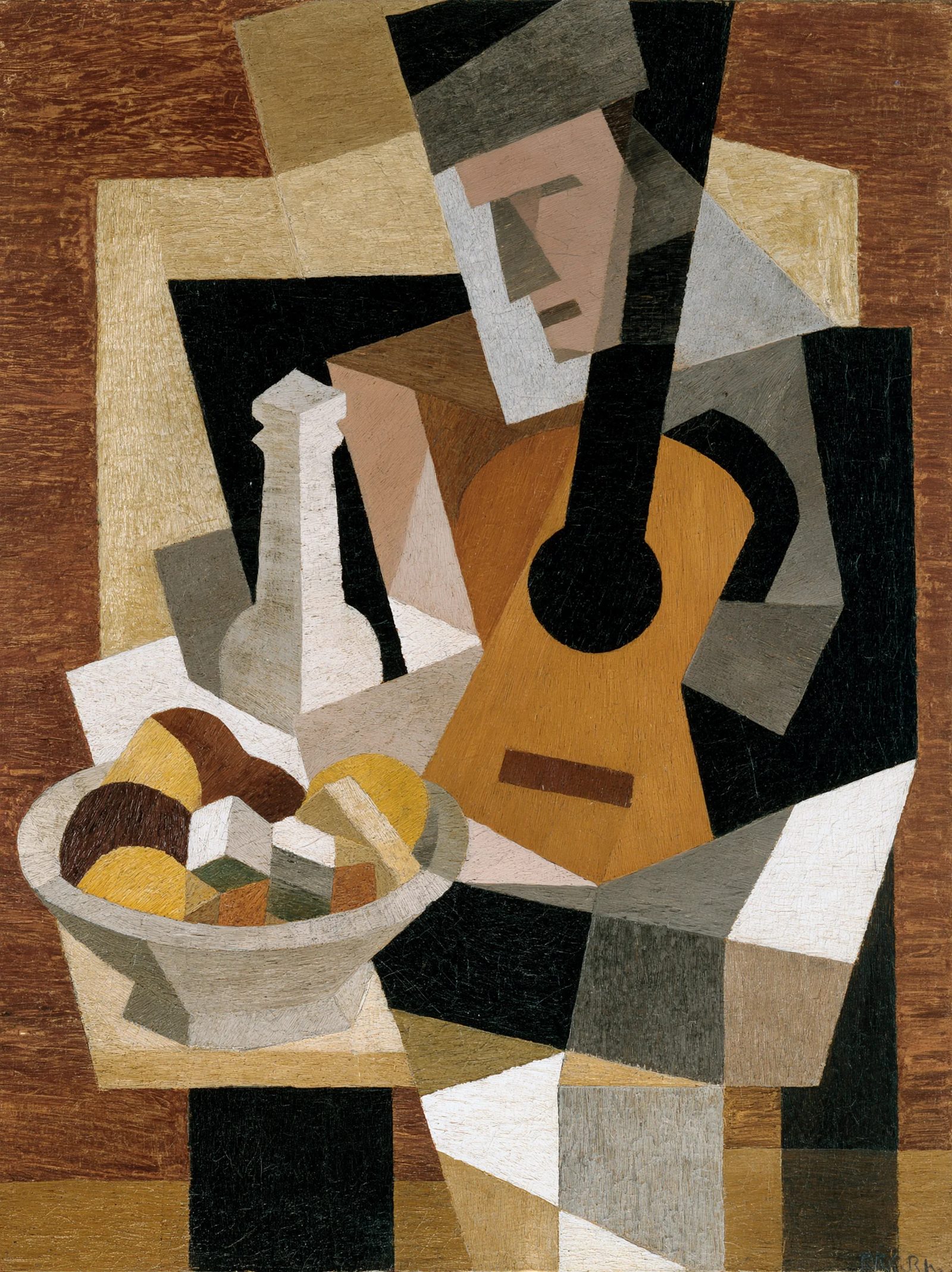 Prompt: Cubist aesthetic applied to a still life of a guitar and a bowl of fruit. The objects are fragmented into flat, interlocking geometric planes and faceted angles, showing multiple perspectives at once. The color palette is restricted to earthy tones of ochre, burnt sienna, and charcoal, emphasizing form over depth. --ar 4:3