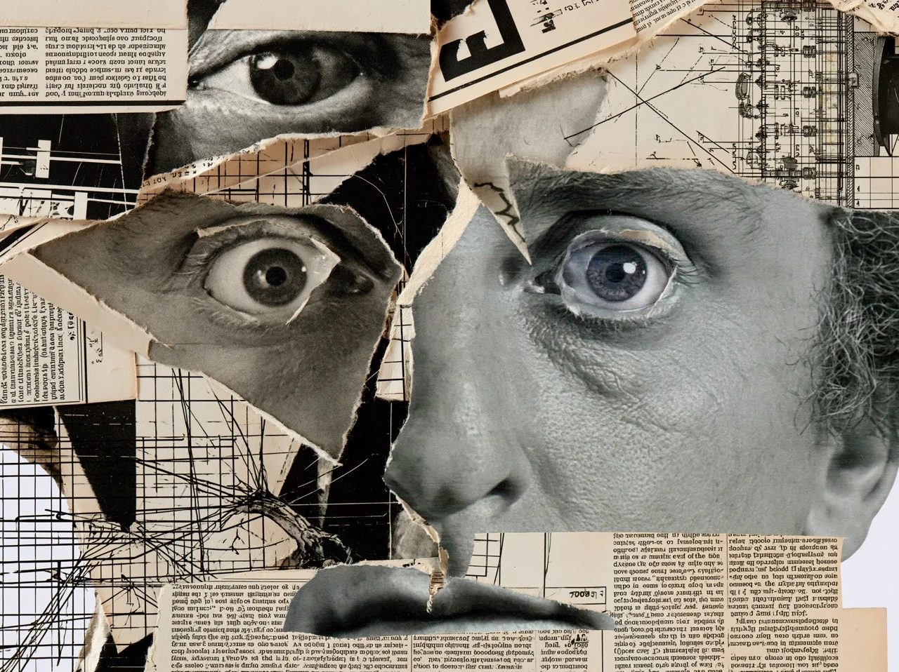 Dadaist collage of a surreal portrait, composed of cut-out vintage newspaper fragments, black-and-white photographic eyes, and technical blueprint schematics. The layout is chaotic and layered, featuring raw scissor-cut edges and misaligned elements that evoke a rebellious, hand-pasted, and absurdist mixed-media aesthetic. --ar 4:3 --style raw