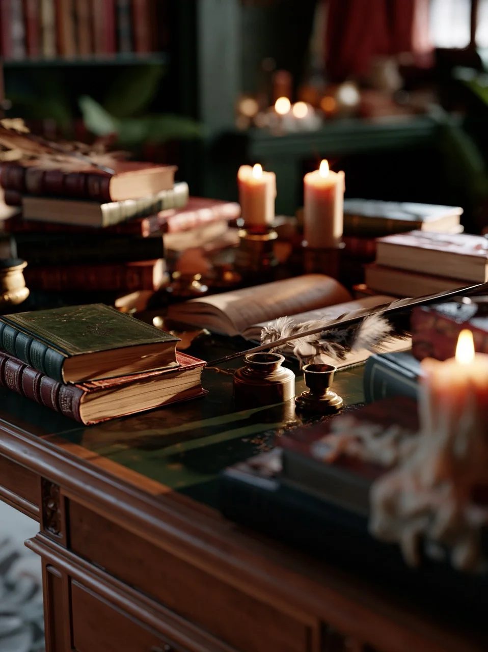 prompt: Dark academia antique wooden desk cluttered with leather-bound books, brass inkwells, dim warm candlelight casting soft shadows, deep forest green and mahogany tones --ar 3:2 --style raw