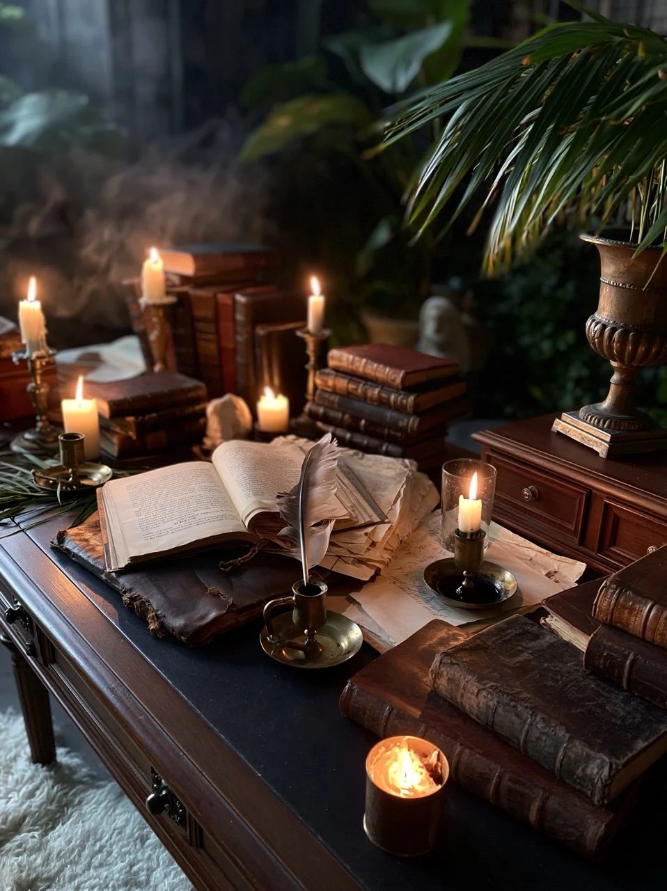 prompt: Dark academia antique wooden desk cluttered with leather-bound books, brass inkwells, dim warm candlelight casting soft shadows, deep forest green and mahogany tones --ar 3:2 --style raw