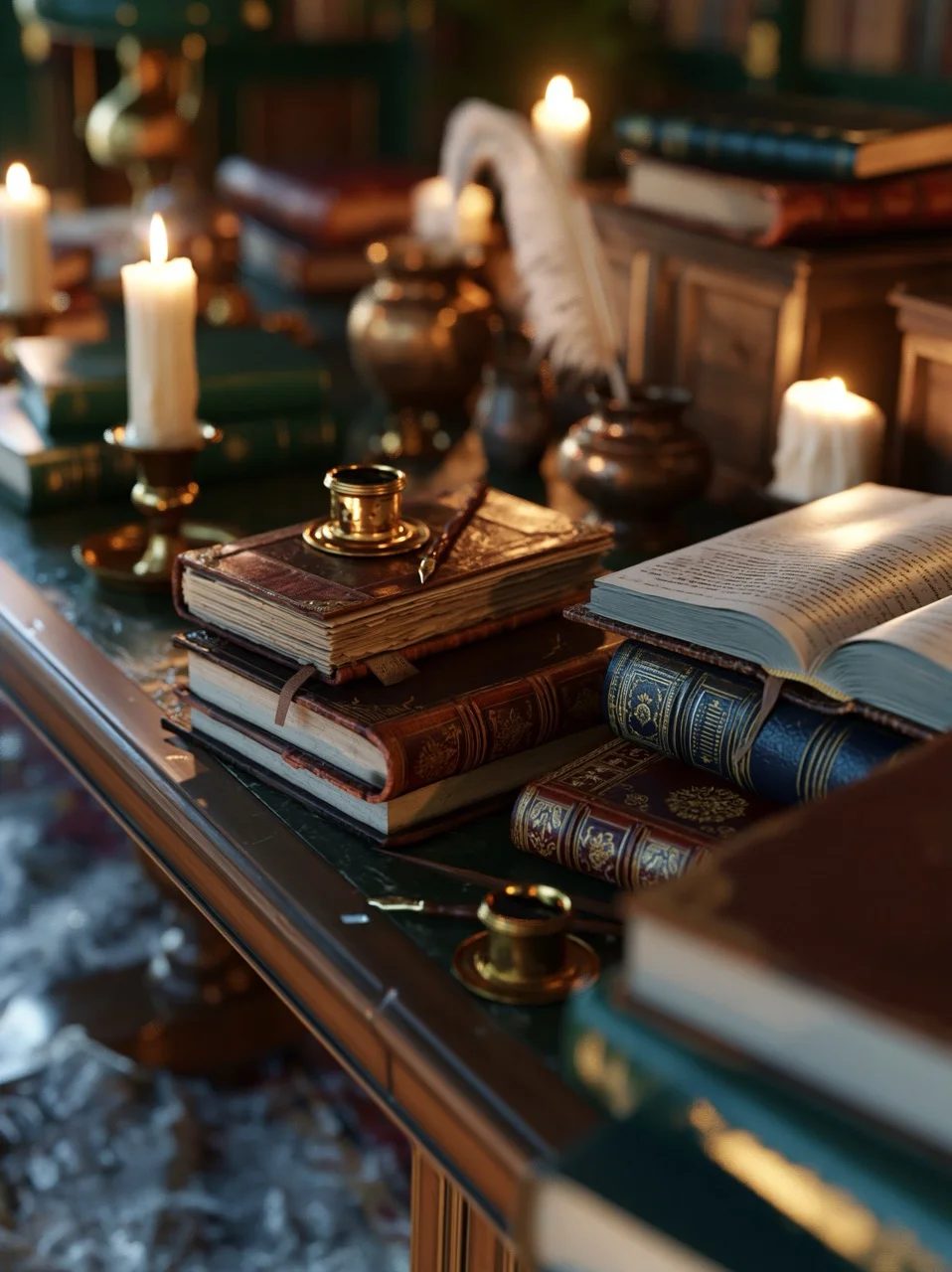 prompt: Dark academia antique wooden desk cluttered with leather-bound books, brass inkwells, dim warm candlelight casting soft shadows, deep forest green and mahogany tones --ar 3:2 --style raw