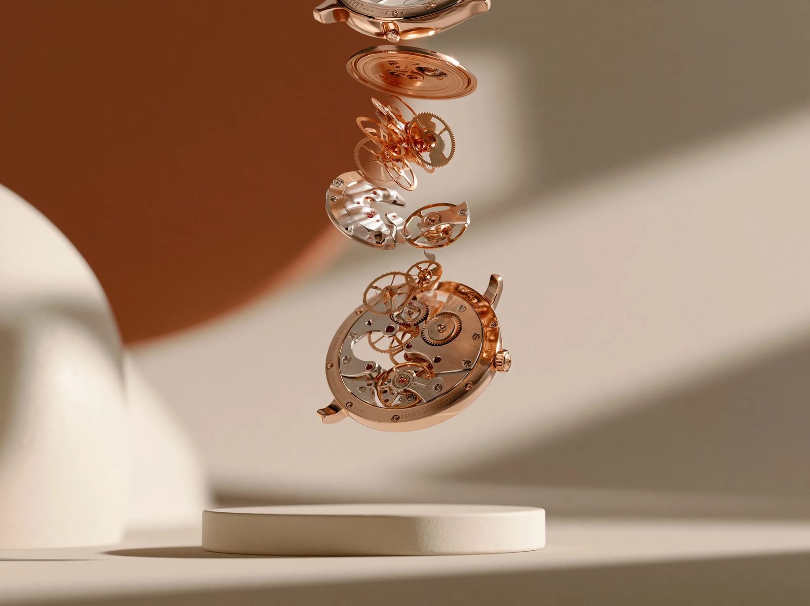 An exploded view of a premium mechanical wristwatch suspended in a minimal gallery, delicate gears and golden metallic parts floating along a clean central axis, soft directional key lighting, muted warm and terracotta tones, low-contrast film-like grade, full-frame macro with shallow depth of field, quiet-luxury commercial photography --ar 4:3 --preview