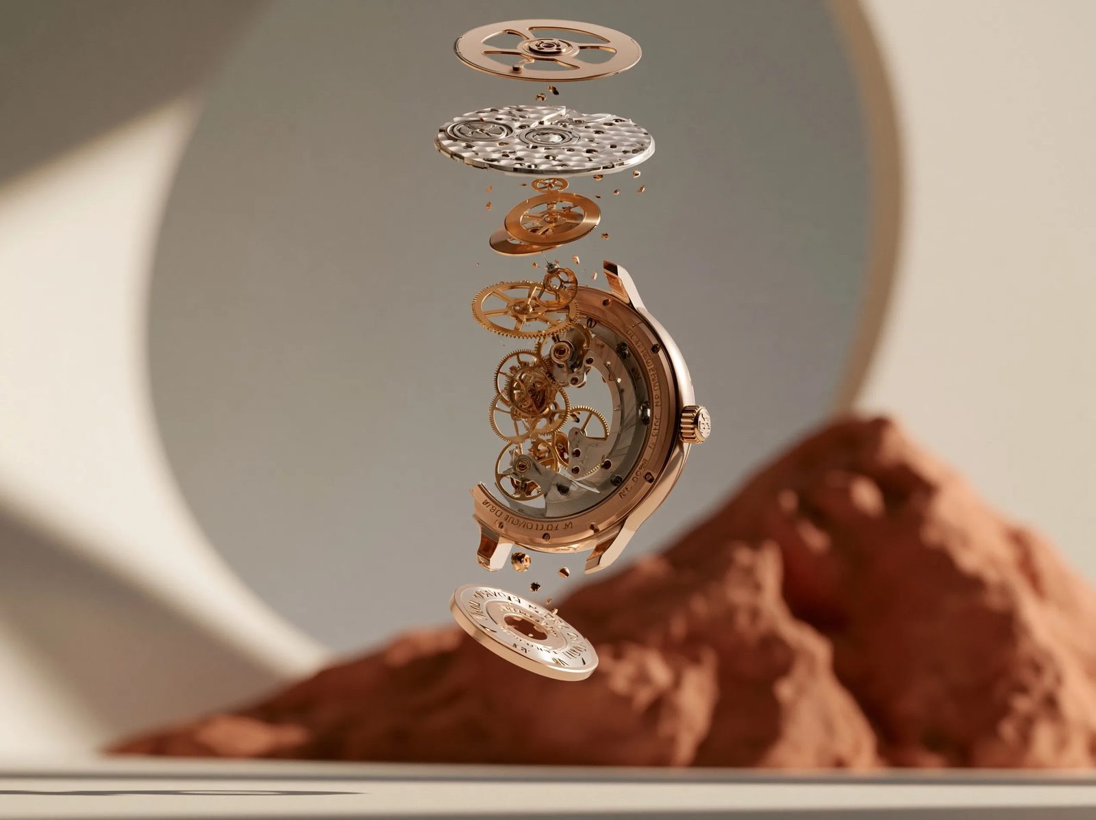 An exploded view of a premium mechanical wristwatch suspended in a minimal gallery, delicate gears and golden metallic parts floating along a clean central axis, soft directional key lighting, muted warm and terracotta tones, low-contrast film-like grade, full-frame macro with shallow depth of field, quiet-luxury commercial photography --ar 4:3 --preview