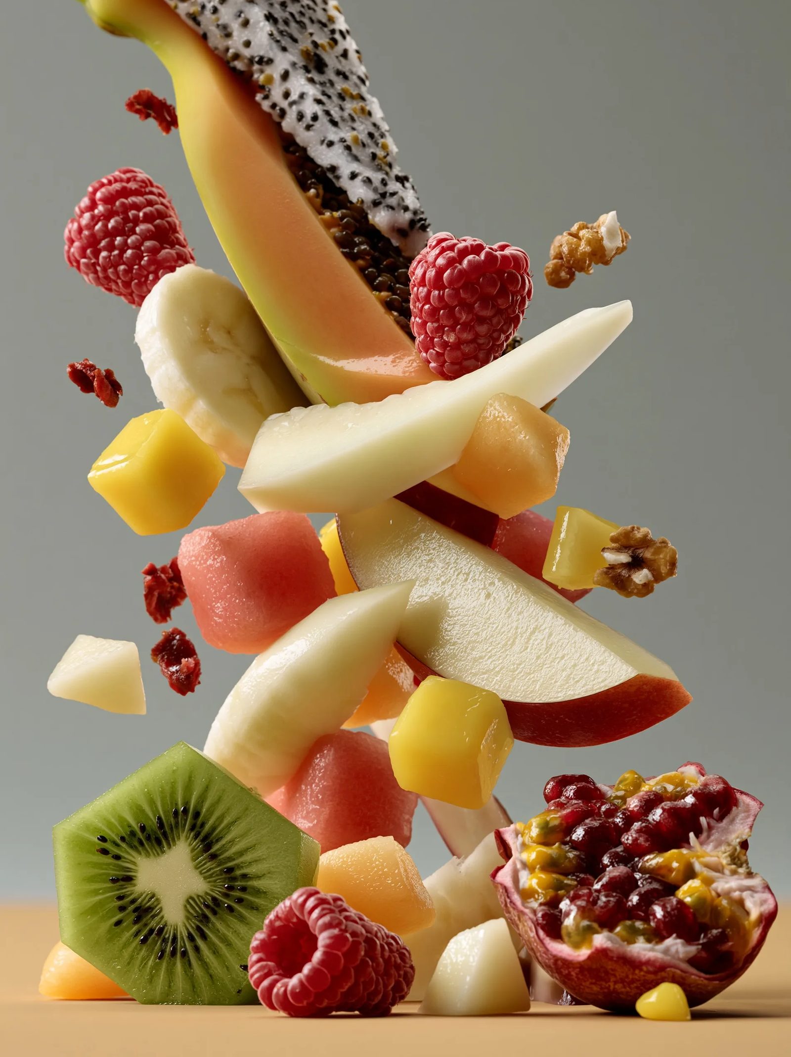 An exploded view of fruit --ar 3:4 --raw --profile 9gfqdl1 --hd