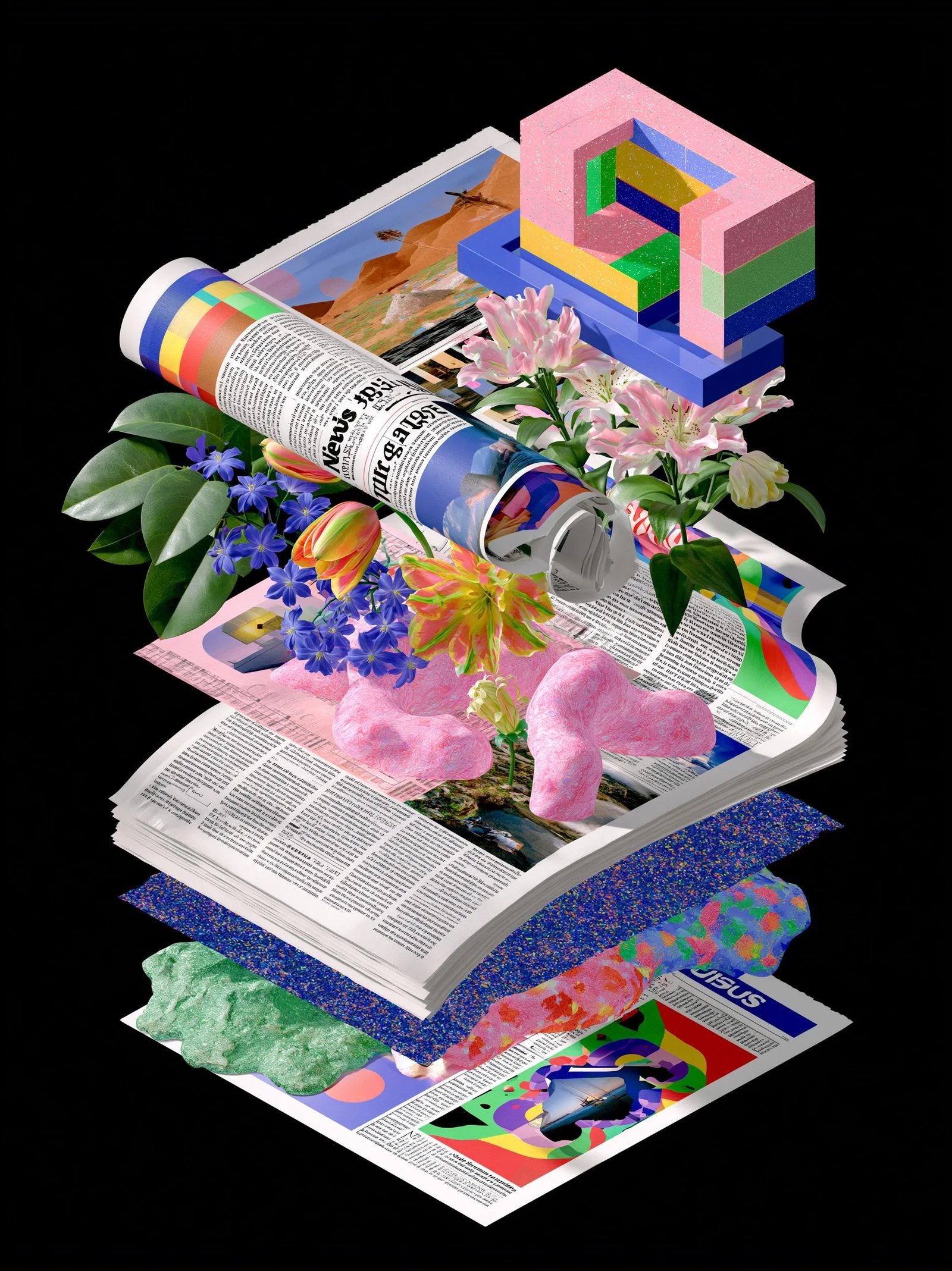 An exploded view of news paper --ar 3:4 --raw --profile 9gfqdl1 --hd