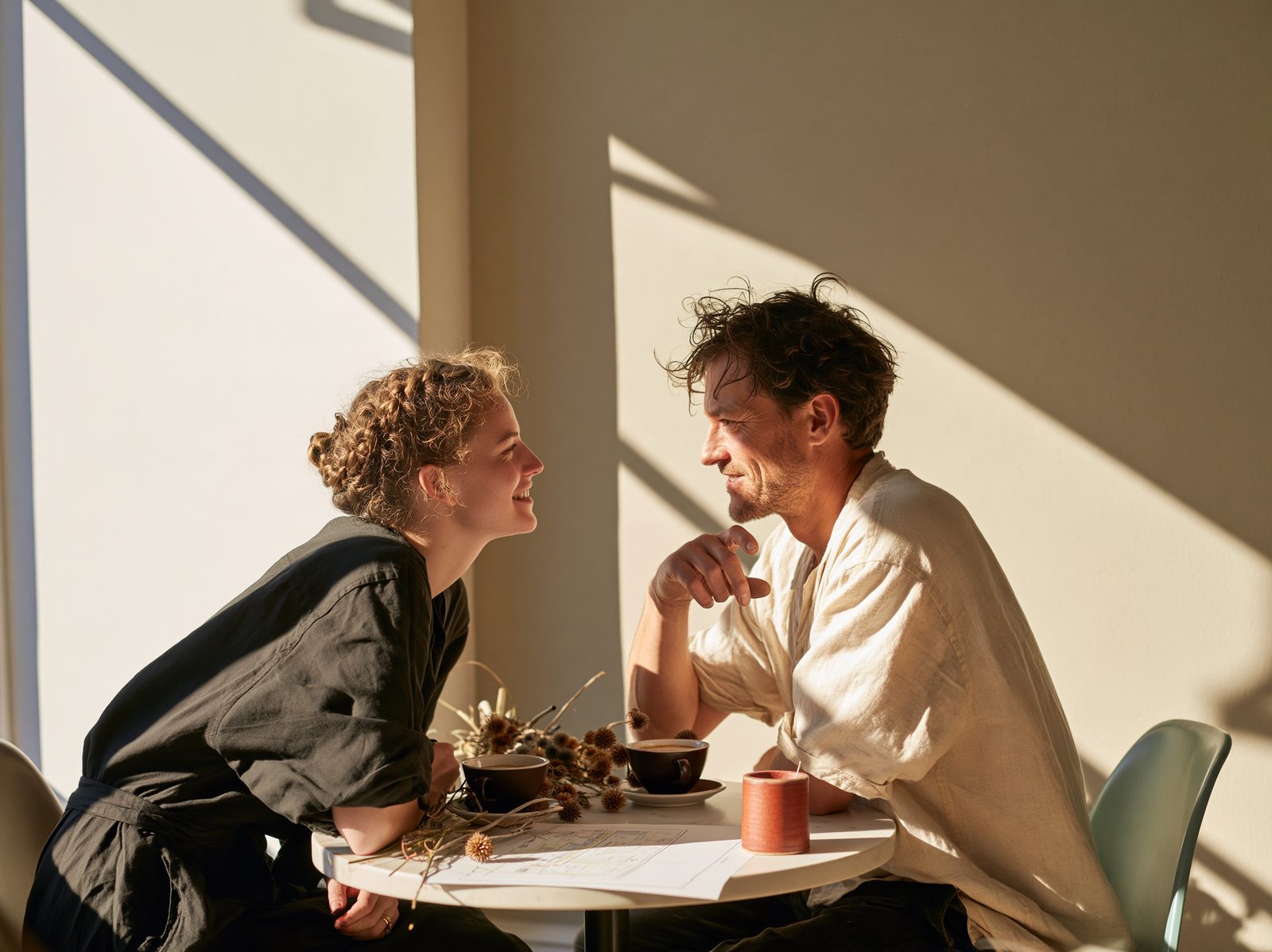 Florist and café owner planning over coffee at golden hour — image 2