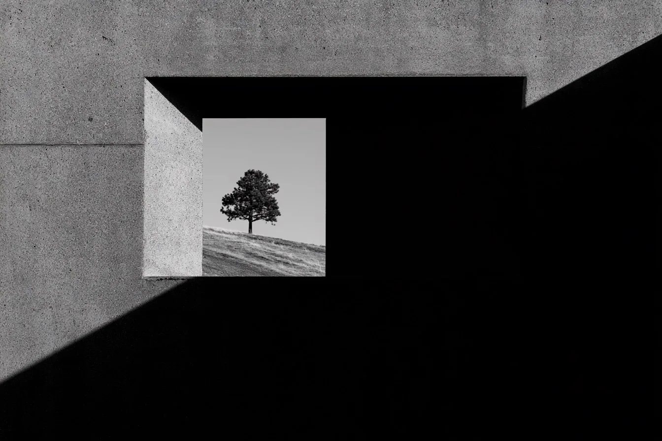 frame within a frame, a solitary pine tree on a distant hill seen through a sharp concrete rectangular opening in a brutalist wall, the foreground aperture cast in deep shadow, the lone tree bathed in clean afternoon sunlight, high-contrast geometry, minimalist spatial layout --ar 3:2 --raw --profile sgsml8w --stylize 50 --preview