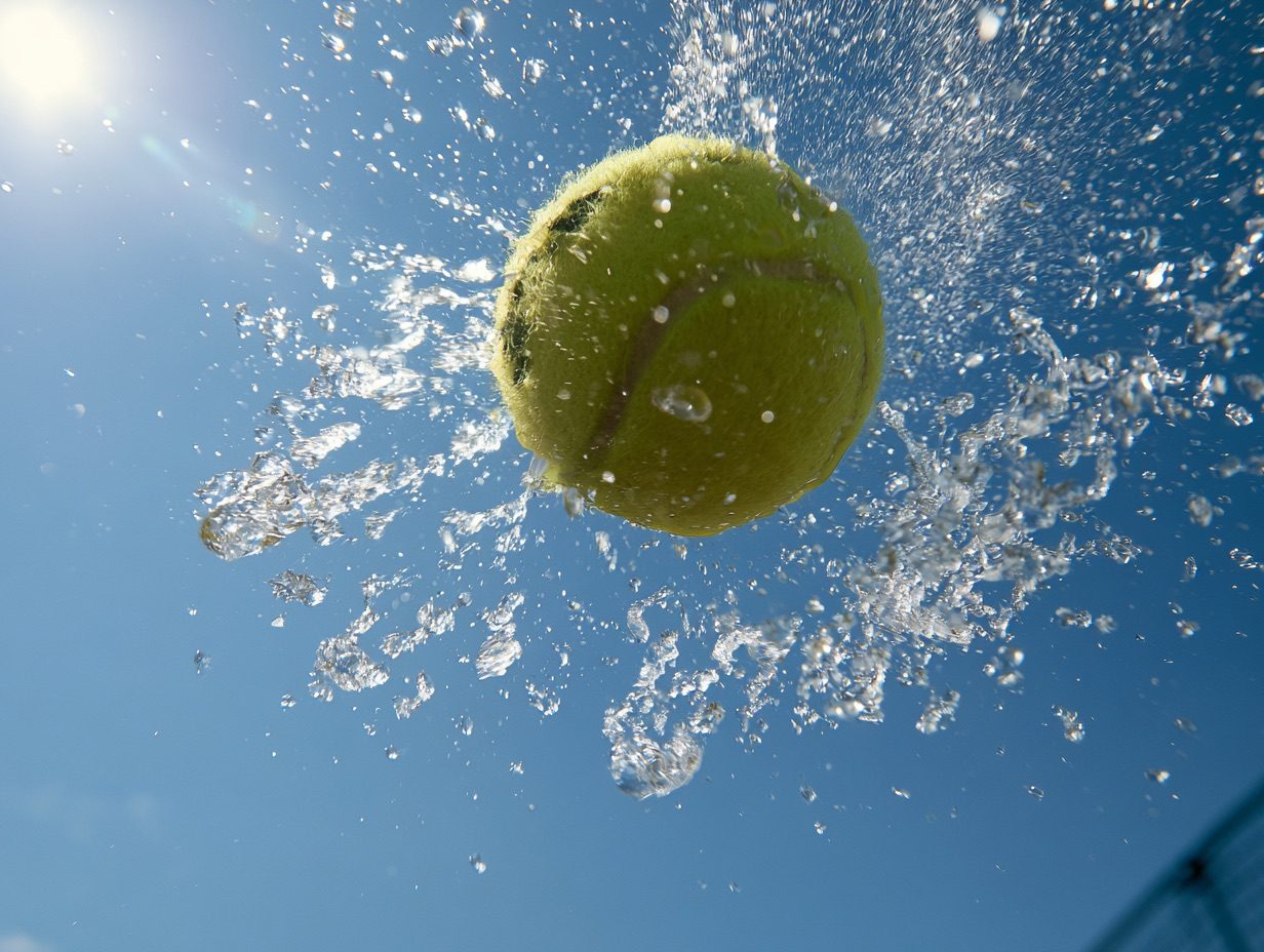 A wet yellow tennis ball spinning in mid-air, shot with a freeze-motion shutter at 1/8000s, water droplets radiating off its surface suspended in mid-flight with zero motion blur and razor-sharp detail, bright direct sunlight --ar 4:3 --raw --profile 9qzq3j7 --stylize 50 --preview