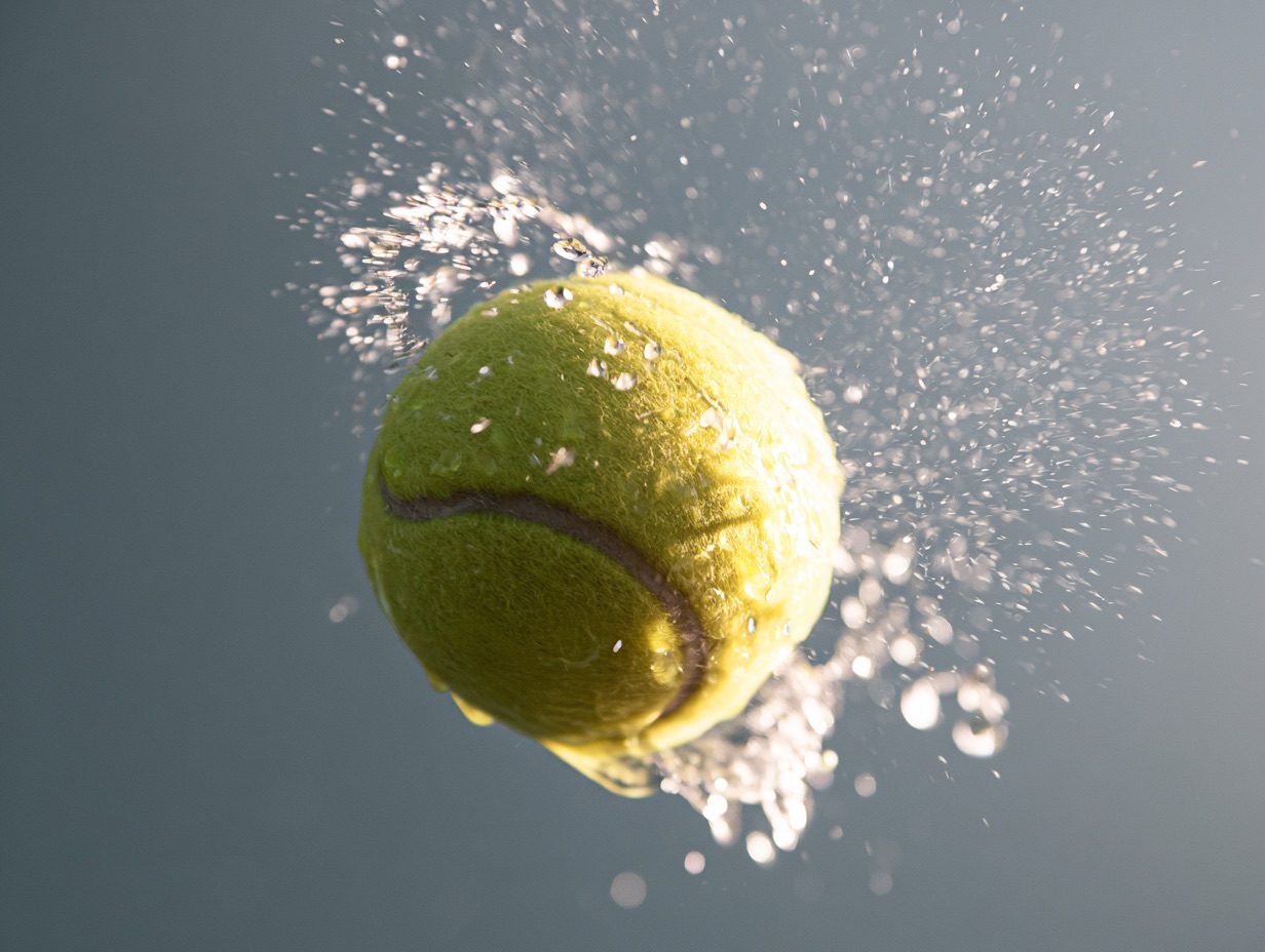 A wet yellow tennis ball spinning in mid-air, shot with a freeze-motion shutter at 1/8000s, water droplets radiating off its surface suspended in mid-flight with zero motion blur and razor-sharp detail, bright direct sunlight --ar 4:3 --raw --profile 9qzq3j7 --stylize 50 --preview