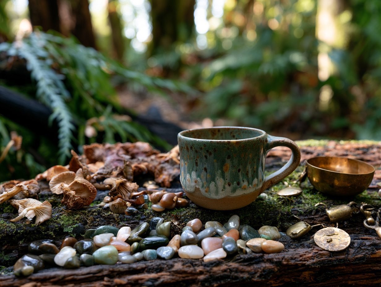a handcrafted ceramic mug in Goblincore aesthetic, resting on a damp mossy log surrounded by wild mushrooms, shiny pebbles, and tarnished brass trinkets, lit by soft dappled forest light --ar 4:3 --raw --profile 9gfqdl1