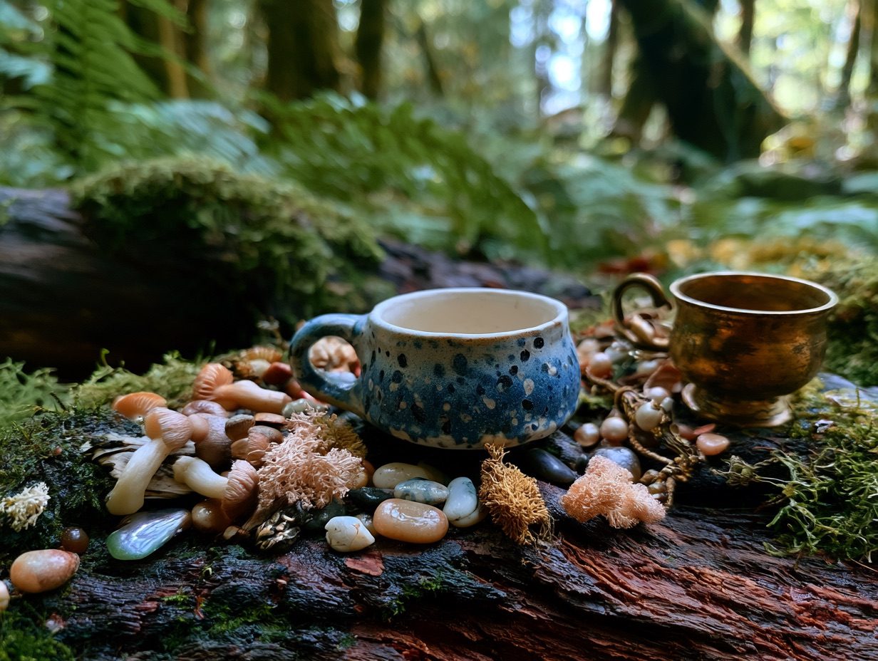 a handcrafted ceramic mug in Goblincore aesthetic, resting on a damp mossy log surrounded by wild mushrooms, shiny pebbles, and tarnished brass trinkets, lit by soft dappled forest light --ar 4:3 --raw --profile 9gfqdl1
