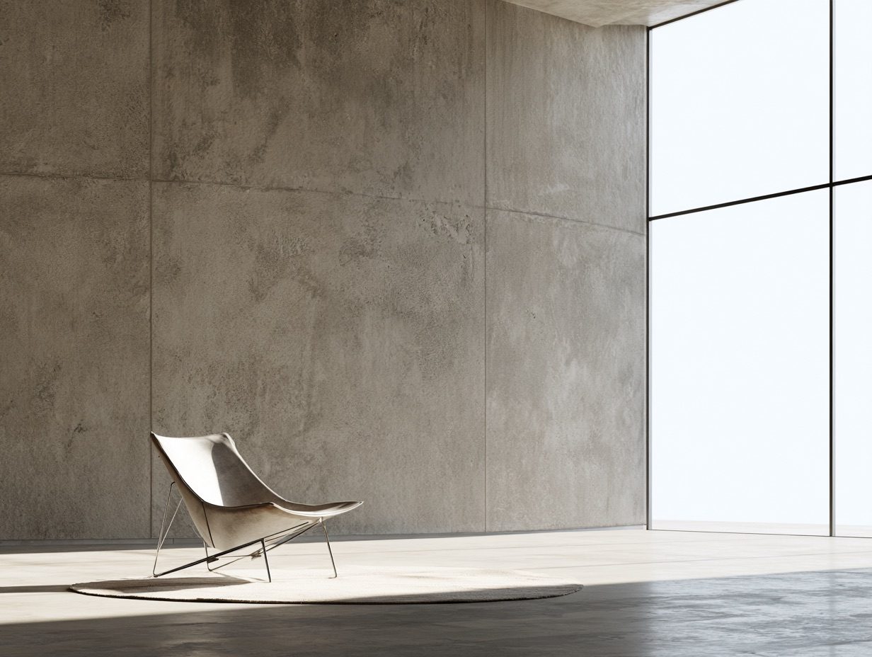 A minimalist brutalist lounge chair sits in a quiet high-ceiling room, bathed in diffuse overcast daylight through tall window glass. The scene features a low-chroma palette of soft slate greys, washed-out concrete tones, and subtle desaturated hues. --ar 4:3