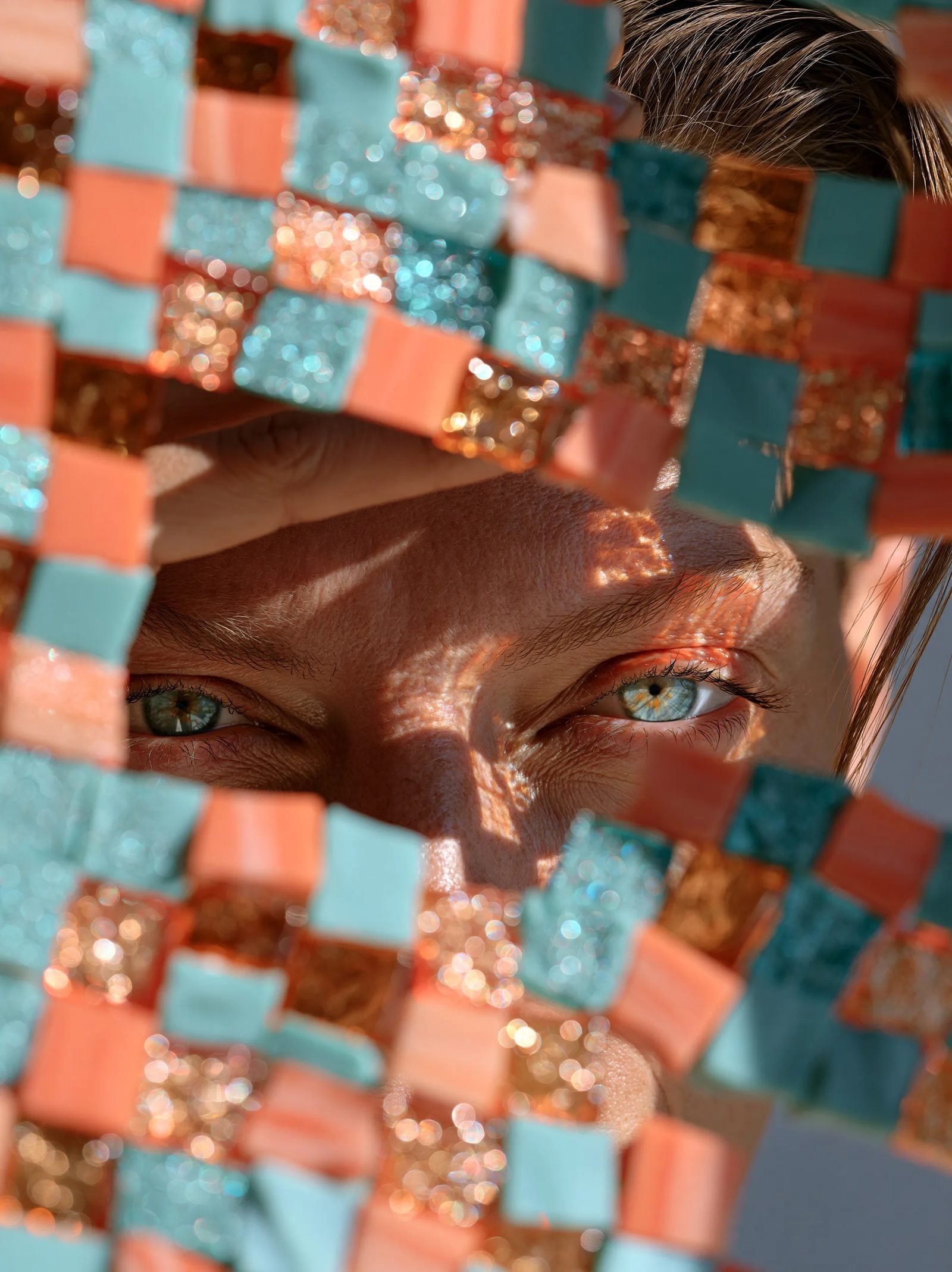 Mosaic of vivid turquoise, coral, and amber glass tesserae partially obscuring a woman's face, the tiles out of focus with dreamy bokeh, sharp on her eyes, soft window light, clean gray backdrop --ar 3:4 --style raw --s 50