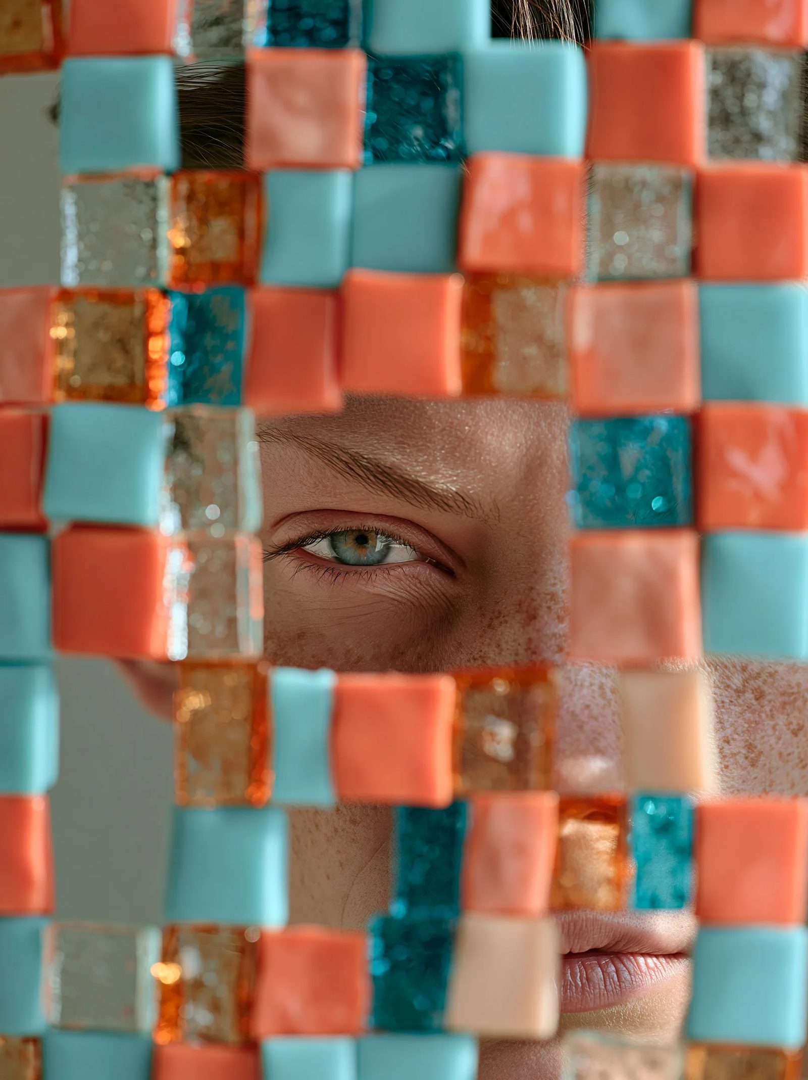 Mosaic of vivid turquoise, coral, and amber glass tesserae partially obscuring a woman's face, the tiles out of focus with dreamy bokeh, sharp on her eyes, soft window light, clean gray backdrop --ar 3:4 --style raw --s 50