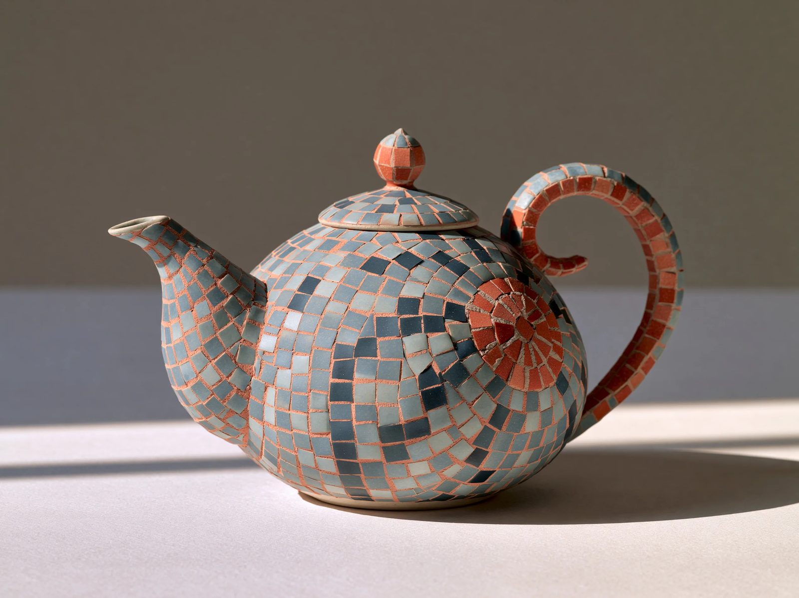 a ceramic teapot covered in mosaic, small glass tesserae arranged in a pattern, visible grout lines, muted blue and terracotta tones, soft studio light on a plain background --ar 1:1 --style raw --s 50
