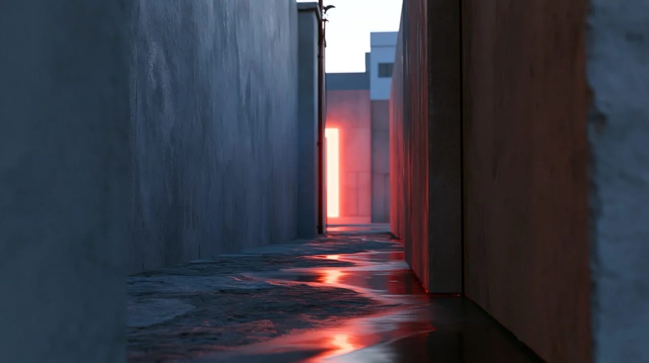 One-point perspective of a quiet, empty concrete alleyway at dusk. Smooth concrete walls on both sides converge toward a single glowing neon sign at the far end, casting a warm red reflection on the wet pavement. Clean, dramatic linear composition. --ar 16:9 --style raw
