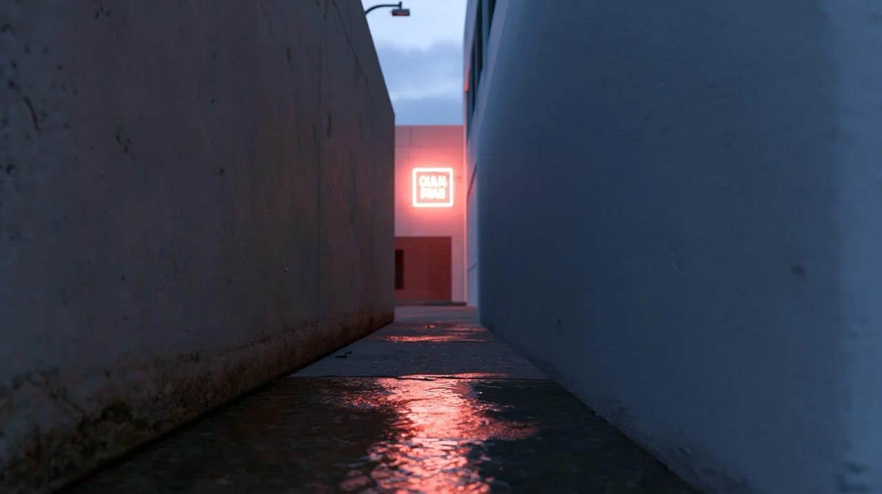 One-point perspective of a quiet, empty concrete alleyway at dusk. Smooth concrete walls on both sides converge toward a single glowing neon sign at the far end, casting a warm red reflection on the wet pavement. Clean, dramatic linear composition. --ar 16:9 --style raw