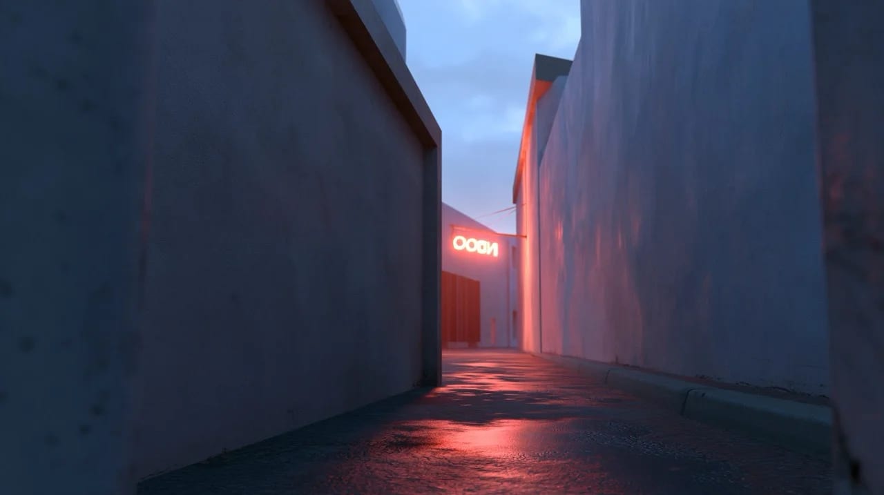 One-point perspective of a quiet, empty concrete alleyway at dusk. Smooth concrete walls on both sides converge toward a single glowing neon sign at the far end, casting a warm red reflection on the wet pavement. Clean, dramatic linear composition. --ar 16:9 --style raw