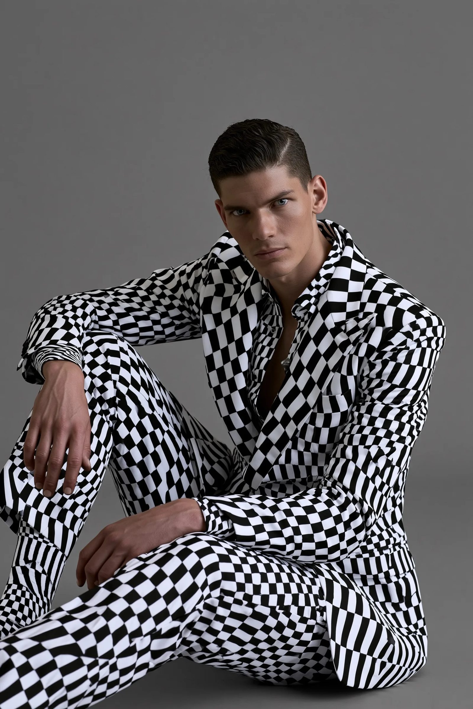 op art patterns on a tailored formal suit, mesmerizing high-contrast black and white geometric lines, optical illusion of swelling depth and kinetic motion, sharp tailoring, crisp hard-edge studio lighting, solid neutral gray background, avant-garde high-fashion editorial portrait, flawless graphic precision --ar 2:3 --style raw