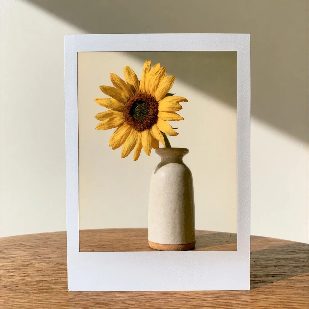 Still life of a single sunflower in a ceramic vase on a wooden table, rendered as a Polaroid instant print with muted ochre yellow, faded olive green, and warm cream tones, and a characteristic white border --ar 1:1 --raw --profile 9qzq3j7 --stylize 50 --preview