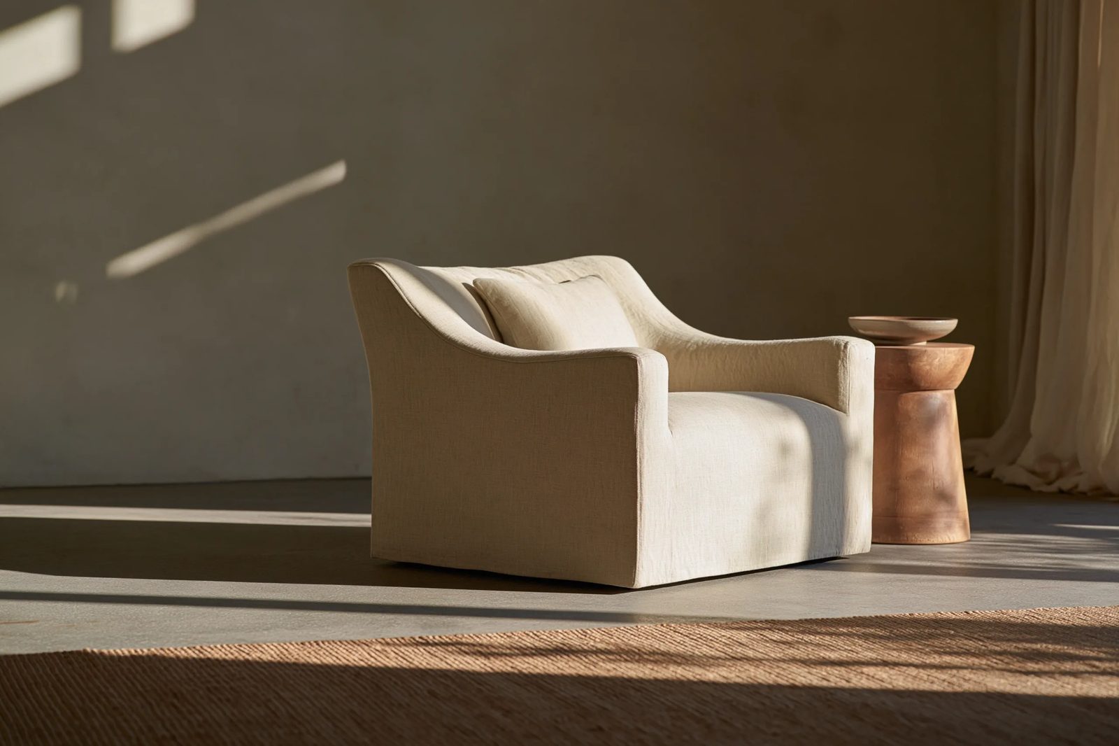 quiet luxury aesthetic, a linen lounge chair in a curated minimal concrete room, soft directional window light, warm sand and terracotta tones, low-contrast film-like grade, faint warm cast, shallow depth of field, natural linen texture, editorial commercial photography --ar 3:2 --style raw --preview