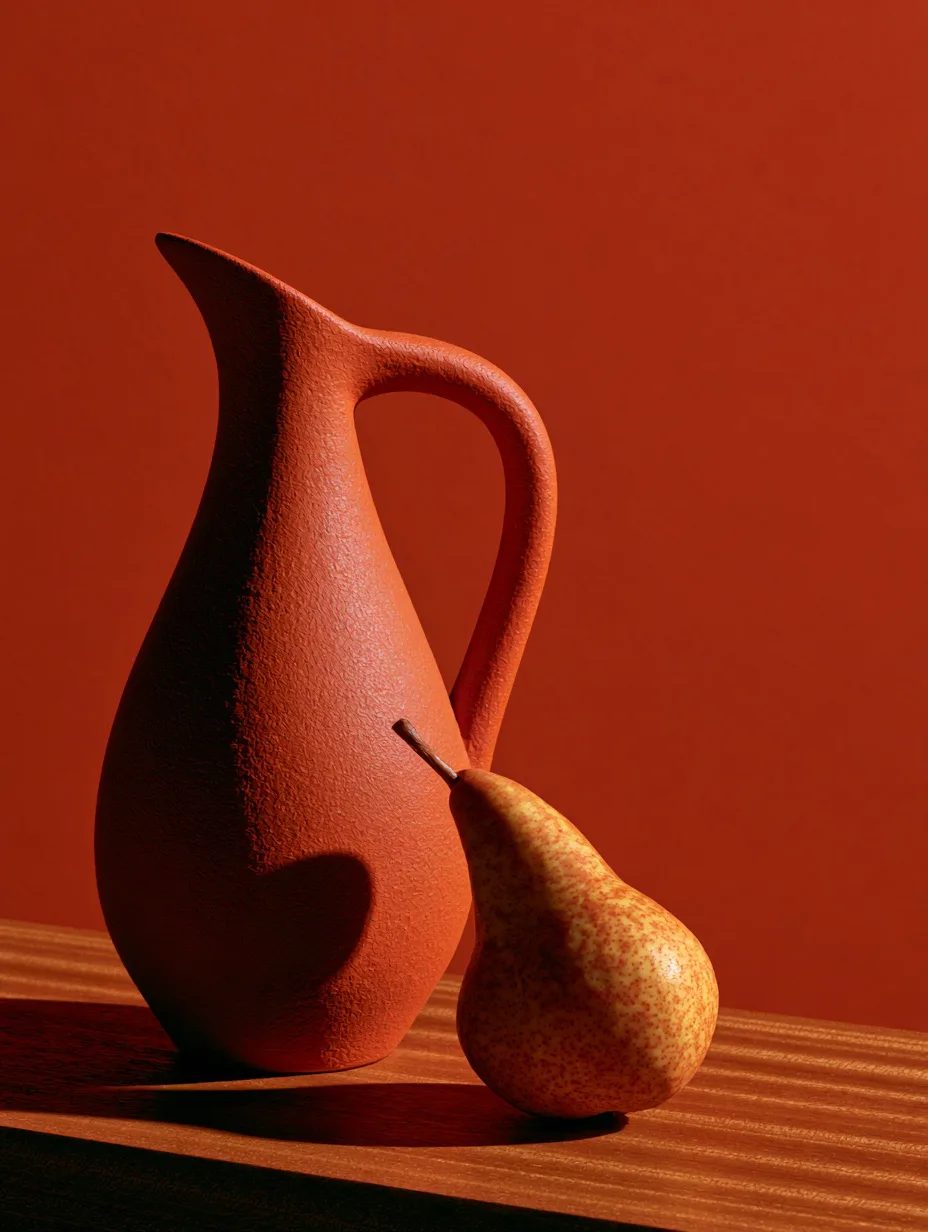 a ceramic pitcher and a single pear on a wooden table, graded in redscale, with deep crimson shadows and burnt orange highlights, no other hues in frame --ar 3:4 --style raw --s 50 --no blue, green, purple