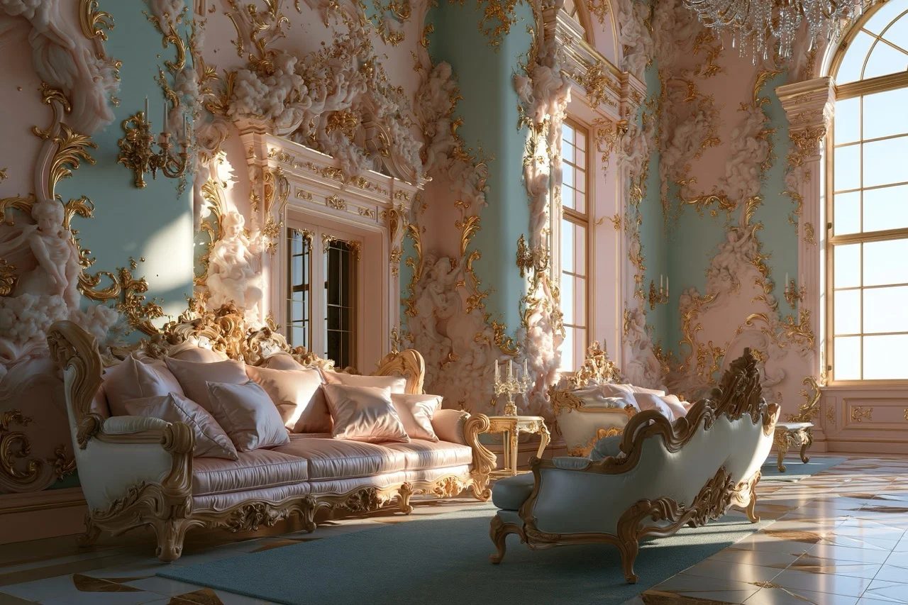 prompt: Rococo aesthetic applied to a luxurious interior salon. The room features delicate pastel pink and mint walls covered in intricate, asymmetrical gilded gold scrollwork. Curving wooden furniture with silk upholstery is bathed in soft, natural window light, emphasizing the airy, whimsical atmosphere and opulent textures. --ar 3:2