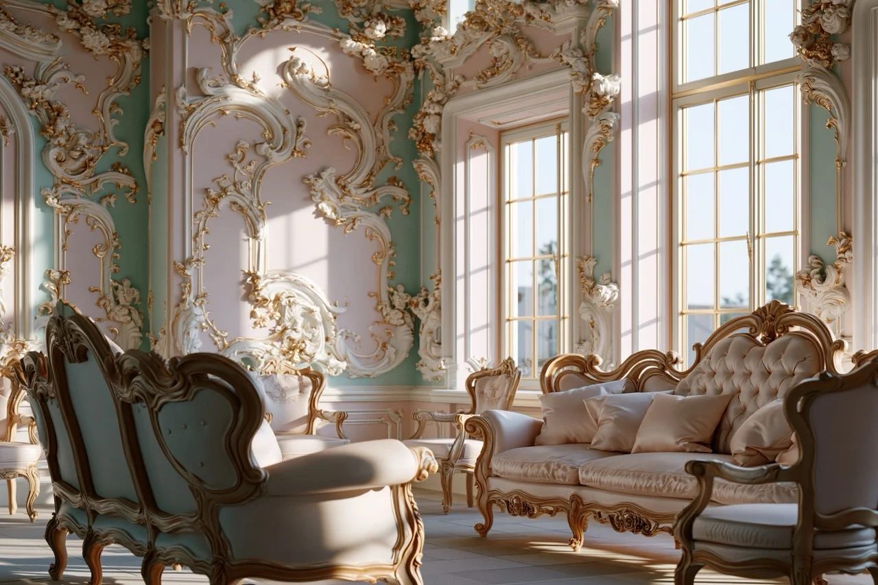 prompt: Rococo aesthetic applied to a luxurious interior salon. The room features delicate pastel pink and mint walls covered in intricate, asymmetrical gilded gold scrollwork. Curving wooden furniture with silk upholstery is bathed in soft, natural window light, emphasizing the airy, whimsical atmosphere and opulent textures. --ar 3:2