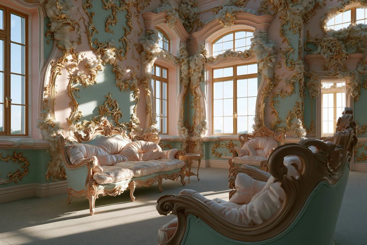 prompt: Rococo aesthetic applied to a luxurious interior salon. The room features delicate pastel pink and mint walls covered in intricate, asymmetrical gilded gold scrollwork. Curving wooden furniture with silk upholstery is bathed in soft, natural window light, emphasizing the airy, whimsical atmosphere and opulent textures. --ar 3:2