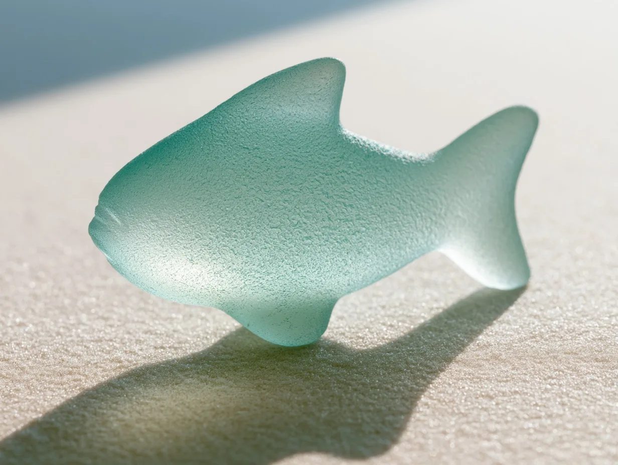 a minimalist stylized fish sculpture cast in frosted sea glass, macro close-up of the weathered material, pitted matte surface worn smooth by ocean waves, soft morning backlight revealing a gentle internal translucent glow, pale pastel teal color, resting on a clean sand-textured background --ar 1:1 --style raw --s 50 --preview