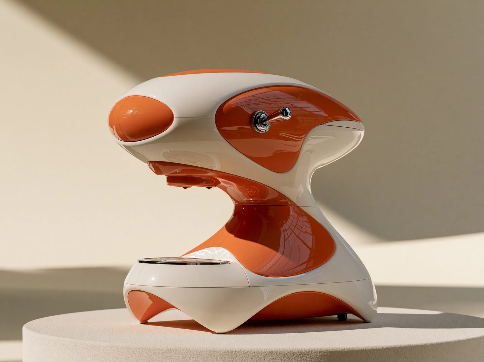 an espresso machine in Space Age design, glossy white and vibrant orange plastic housing, flowing organic curves and pod-like geometry, chrome toggle switches, set against a minimalist cream-colored studio backdrop, soft overhead lighting --ar 4:3 --raw --profile 9qzq3j7 --hd --preview