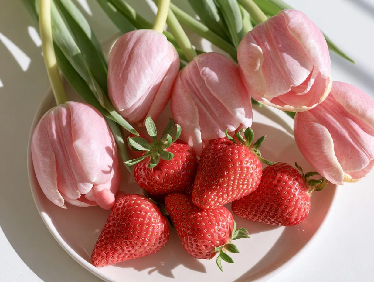 A still life of tulips and strawberries on a white table with soft natural light, graded in a Spring palette of pale pink, mint green, and butter yellow, no dark or heavy tones in the frame --ar 4:3 --style raw --s 100 --no brown, gray, black --preview