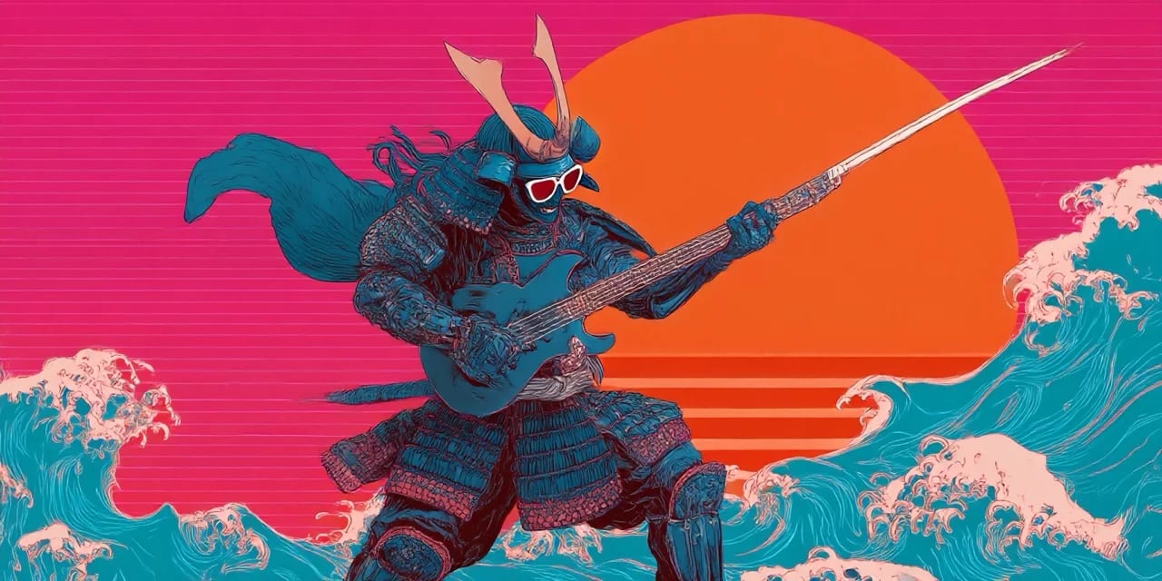 prompts: Samurai, Ukiyo-e style mixed with Synthwave