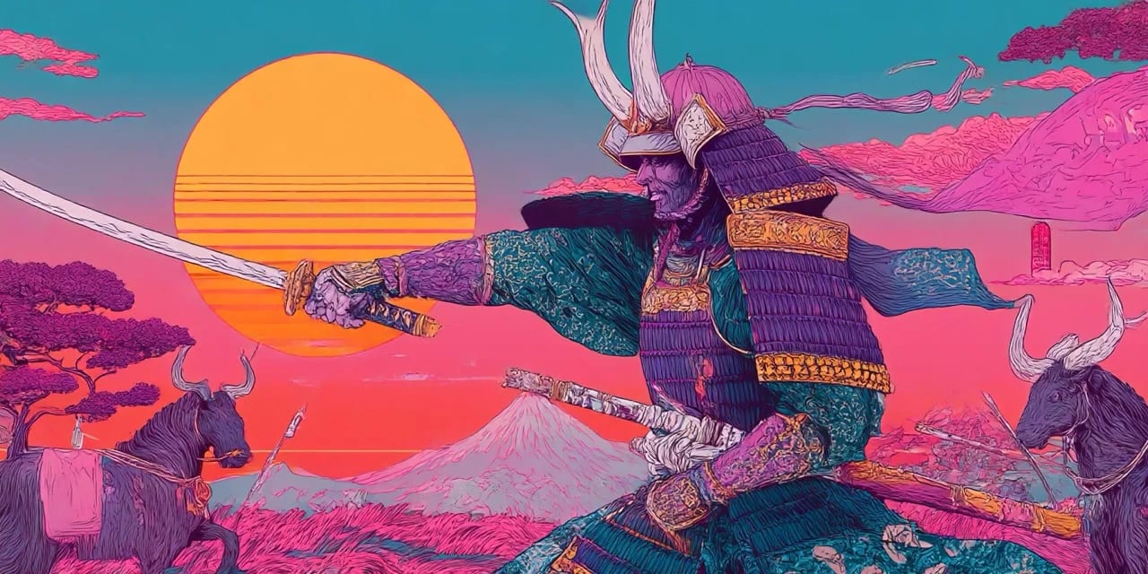 Prompts: Samurai, Ukiyo-e style mixed with Synthwave