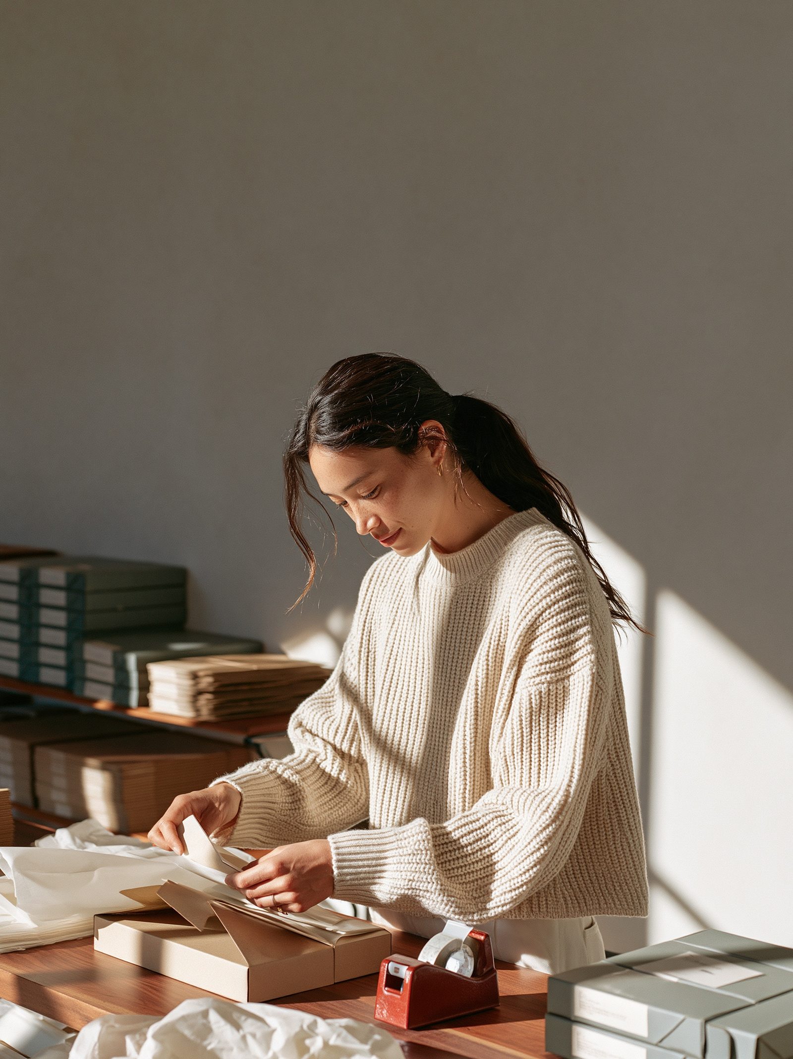 Woman folding a kraft box at a packing table — image 2
