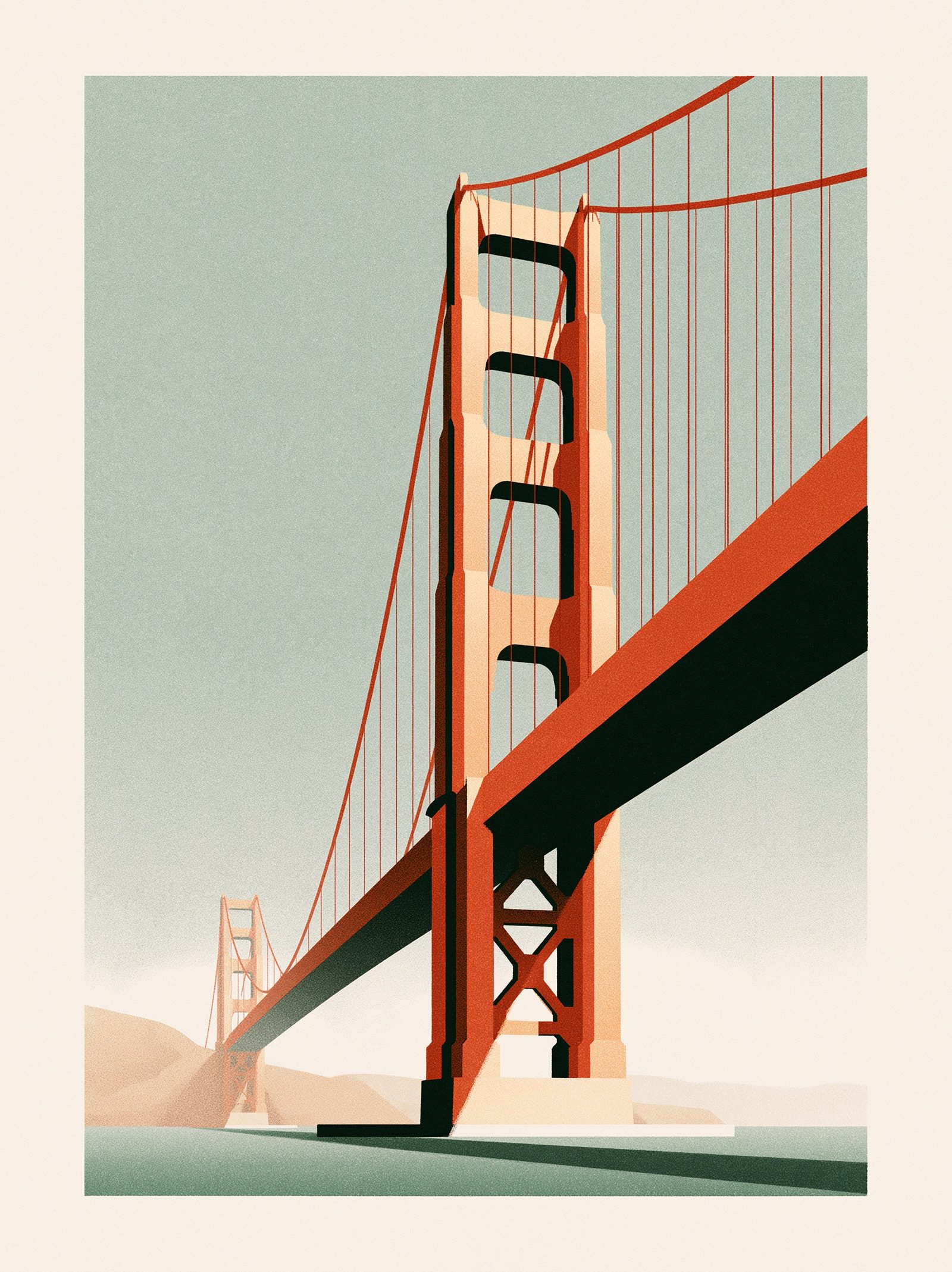 a colossal suspension bridge in WPA poster style, rendered with bold geometric vector shapes, a muted terracotta and sage color palette, and soft screen-print texture --ar 3:4 --style raw --s 50
