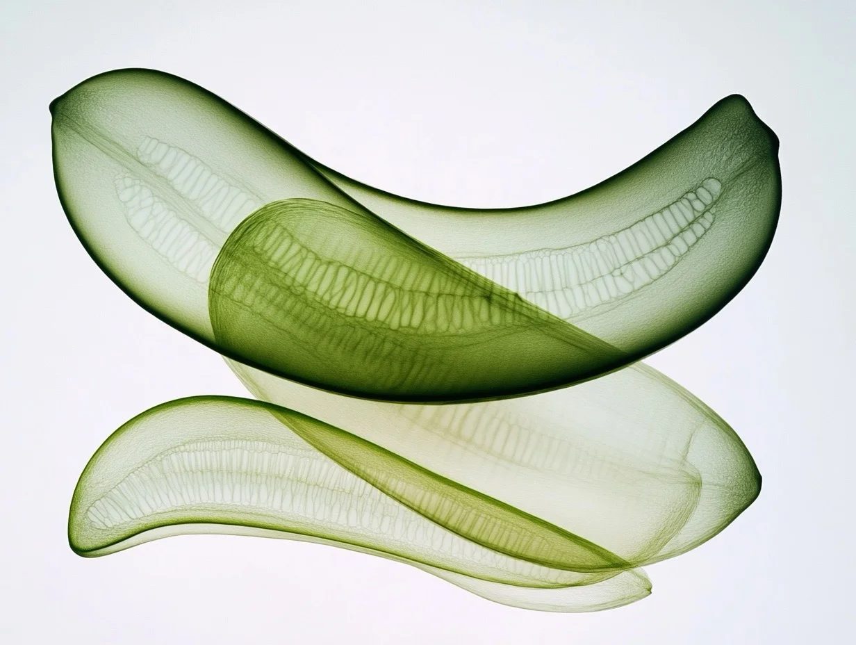 X-rayed Cuke Slices，white background, soft lighting