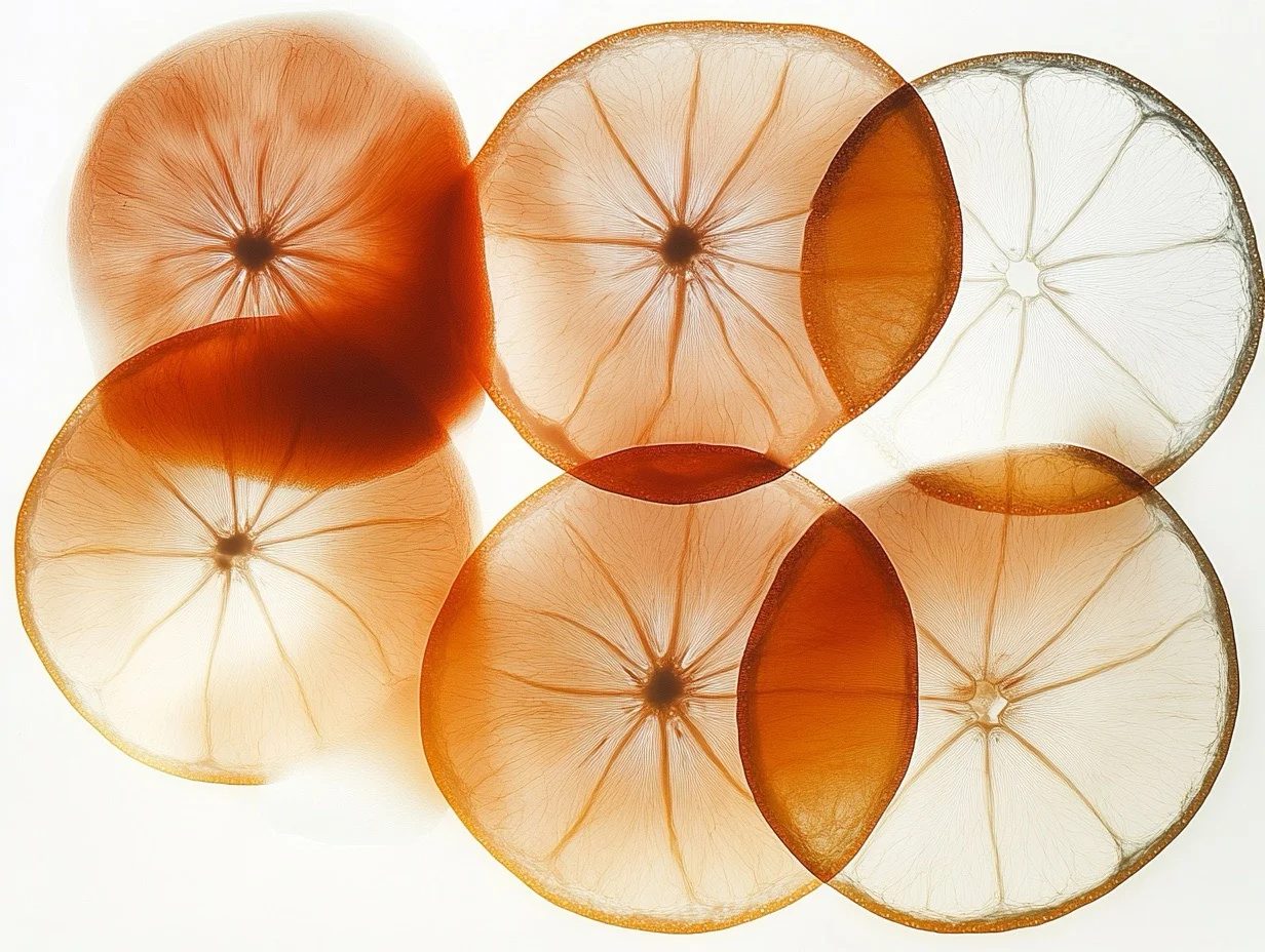 X-rayed Orange Slices，white background, soft lighting