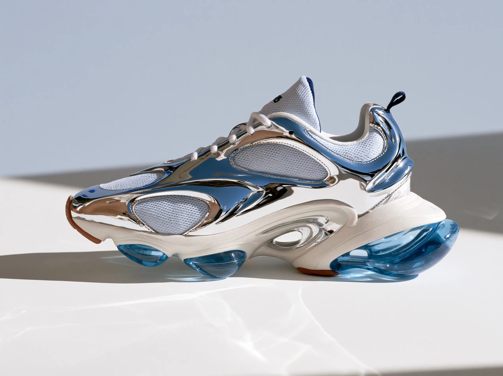 a futuristic running sneaker in the Y2K aesthetic, metallic chrome paneling, translucent neon blue gel pods, bulbous sole geometry, glossy injection-molded plastic details, bright studio lighting on a seamless white background --ar 3:4 --raw --profile 9gfqdl1 --hd