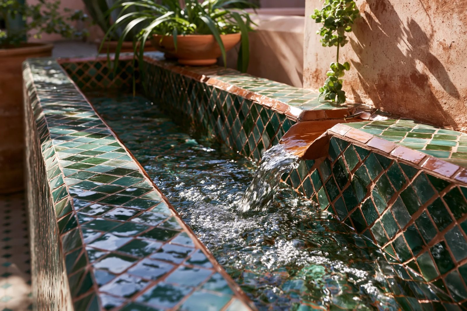 zellige tilework lining a boutique hotel courtyard fountain, featuring intricate hand-cut geometric clay mosaic tiles, glossy irregular terracotta glaze reflecting soft natural afternoon light, vibrant emerald green and deep turquoise hues, weathered plaster walls in a serene courtyard oasis, peaceful riad interior atmosphere
