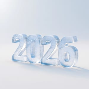 Thick translucent ice numerals reading 2026 stand centred on a white background with softly glowing edges.