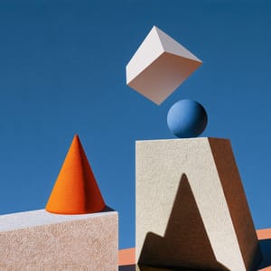 Geometric shapes rendered in abstract illusionism float above a surface with simulated drop shadows.
