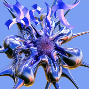 A music poster in the Acid graphic aesthetic, featuring a warped liquid chrome flower against a vibrant neon gradient.