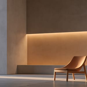 A minimalist lounge chair in a quiet room, rendered in a striking amber and slate palette with soft architectural lighting.
