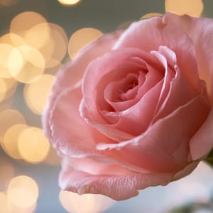 a single pink rose captured in macro, bokeh background of soft golden orbs from scattered fairy lights, incredibly shallow depth of field, creamy out-of-focus rendering, shot with a fast 85mm lens