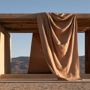 ... let's just use Python len() style check. "A minimalist desert pavilion featuring an earthen adobe wall, a rusted metal panel, and draped burlap fabric inspired by the