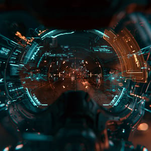 Glowing cyan telemetry from an augmented reality HUD floats over a first-person view of a busy modern city street.